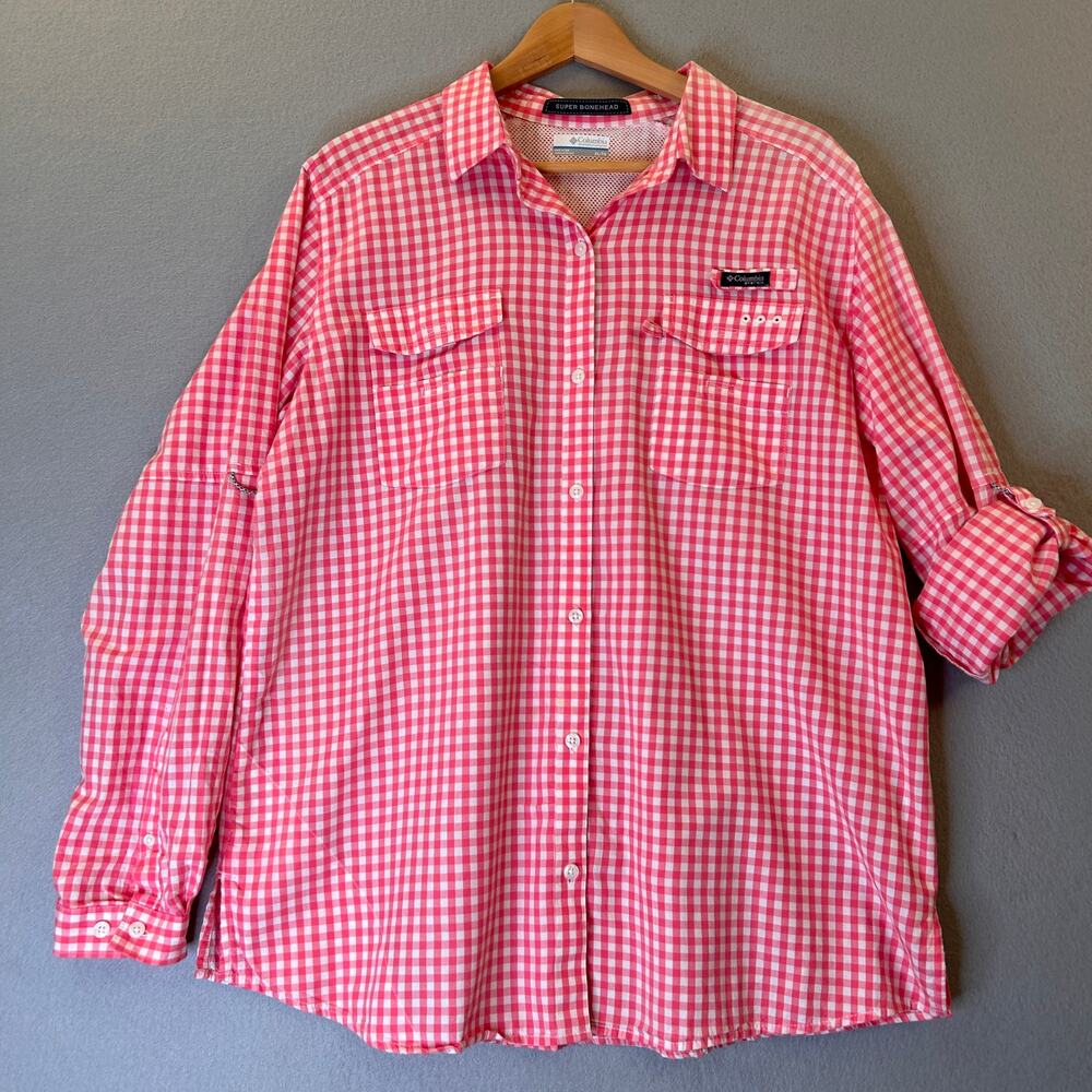 Columbia PFG Super Bonehead Shirt Womens XL Pink Gingham Long Sleeve Fishing